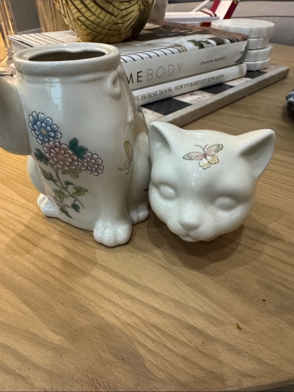 White Floral Cat Ceramic Teapot with Butterfly Accent